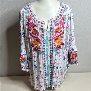 Savanna Jane Embroidered Boho Blouse Women’s 1X Floral Aztec Top